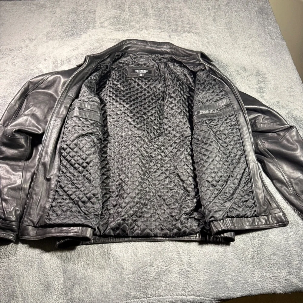 Claiborne Mens Black Genuine Leather‎ Bomber Jacket Quilted Lining Large L